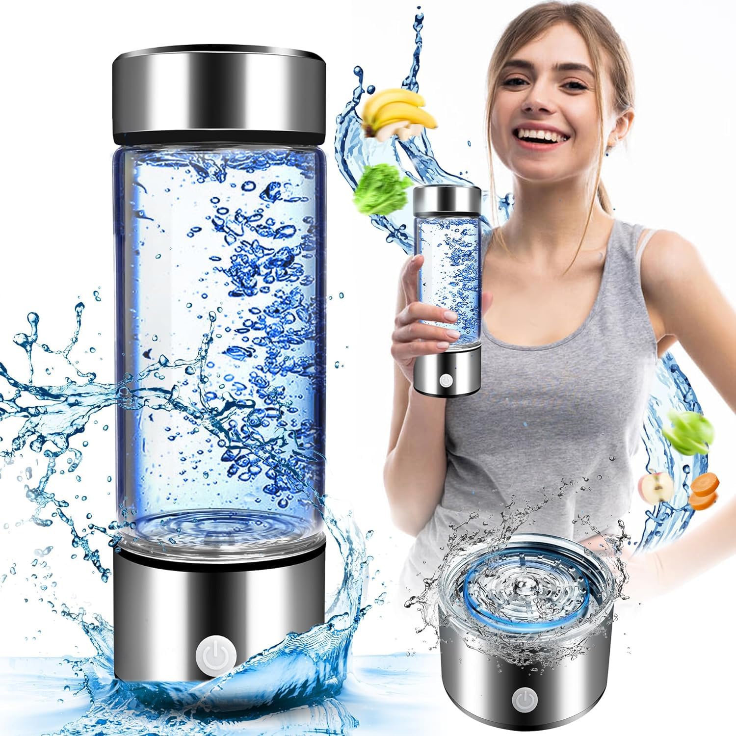 Hydrogen Water Generator, Portable, Highly Concentrated Hydrogen Water Generator, 3 Minute Production, 14.2 fl oz 420 ml Capacity, 1600 bbp Concentration, Rechargeable, Hydrogen Water Bottle, Easy to Operate and Carry Silver Compliant
