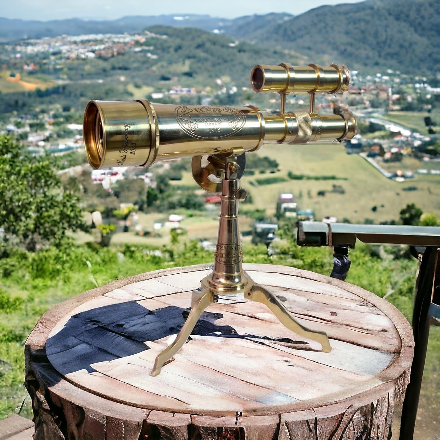 The Vintage Venue Vintage Brass Telescope on Tripod Stand – 12" D x 7" W x 10" H – Polished Brass Spyglass with DF Lens – Antique Nautical Desktop Decor – Harbor Master Style
