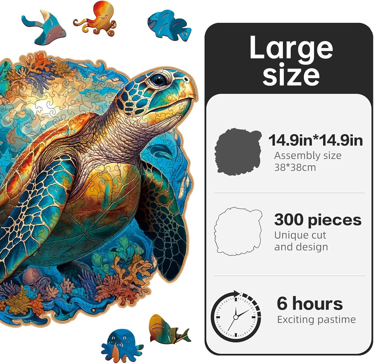 Wooden Puzzle,Coral Sea Turtle Jigsaw Puzzles 300 Piece,Fun Challenging Puzzles Family Game Gift,Unique Shape Puzzles for Adults 14.9 x 14.9 Inch image 2