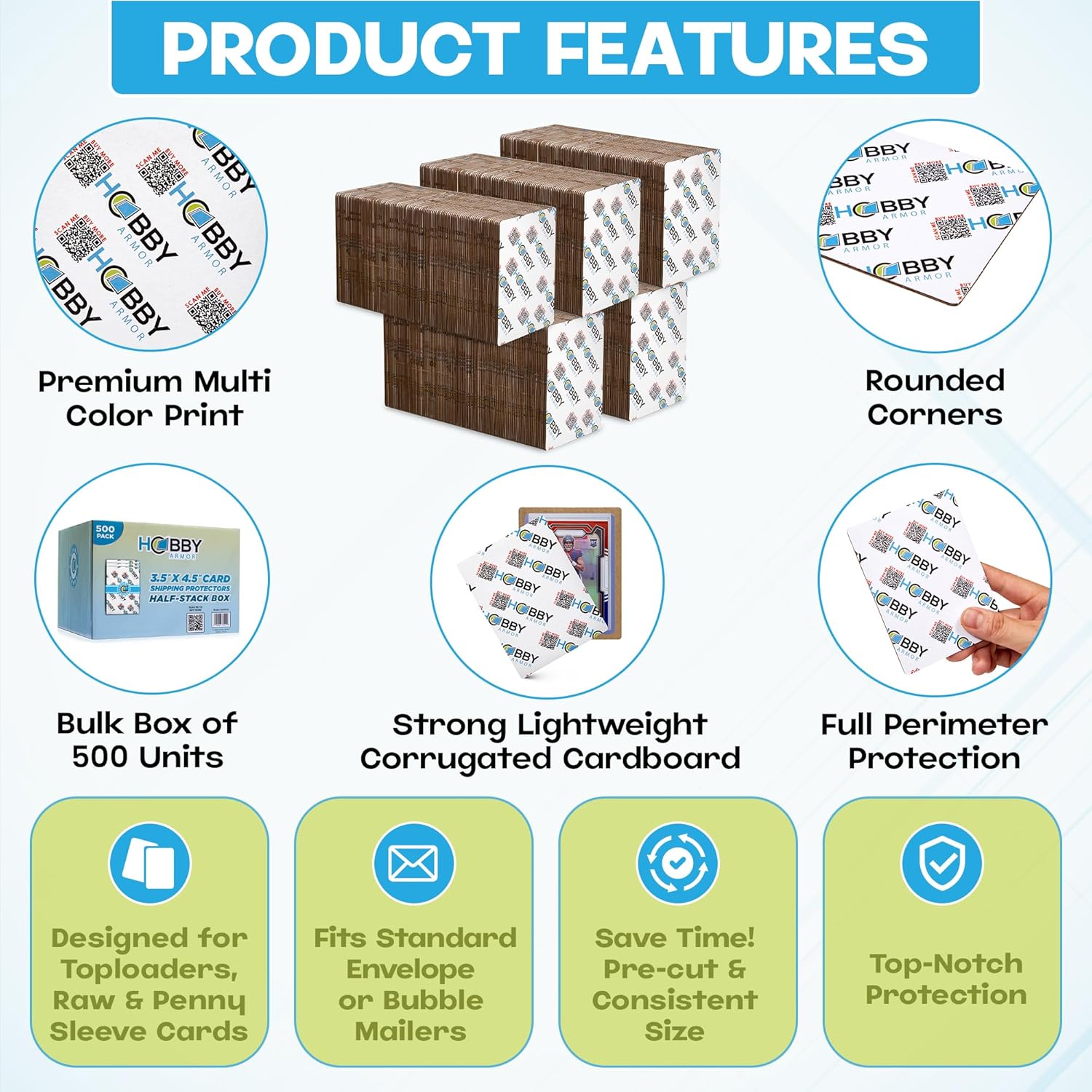 500 Pack Trading Card Shipping Protector by Hobby Armor, 3.5" x 4.5" with Rounded Corners, Vibrant Multi-Color Card Protector to Guard Cards From Dings, Premium Lightweight Cardboard Shipping Supplies