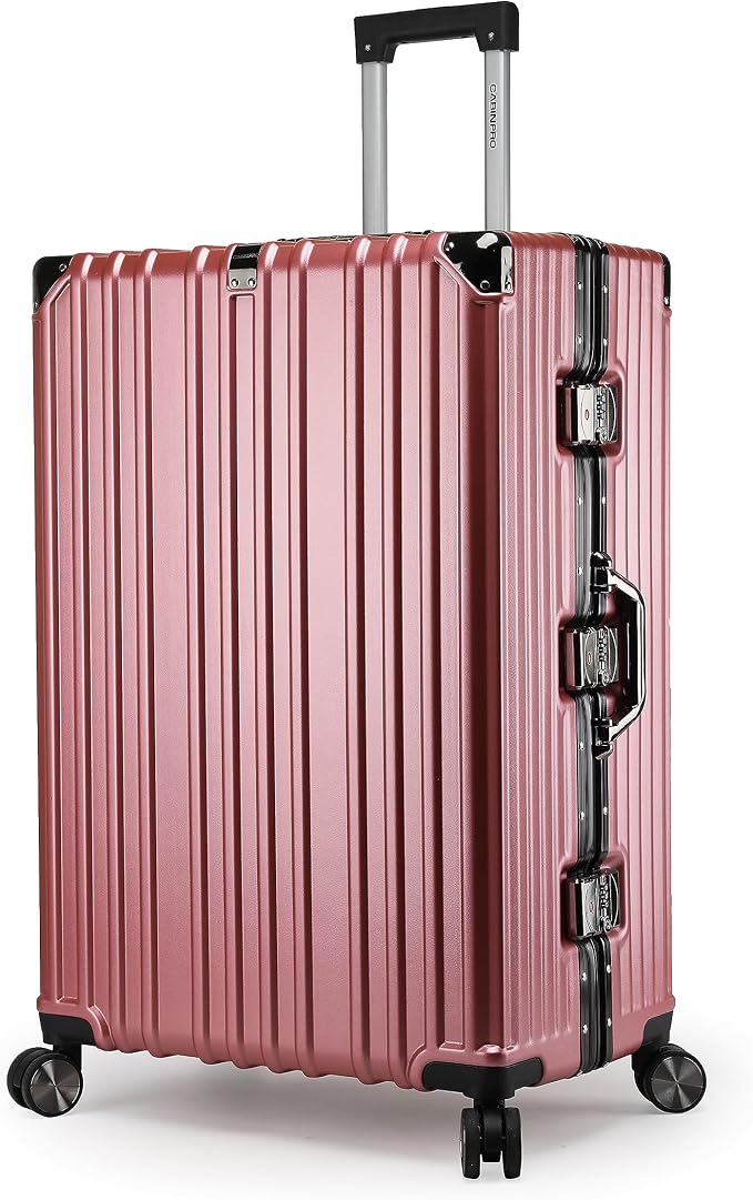 Cabin Pro Light Weight Aluminum Frame Fashion Trolley Luggage Polycarbonate Hard Case Checked Luggage with 4 Quite 360° Double wheels, CP001 (Checked Luggage 28-Inch, Rose Golden)