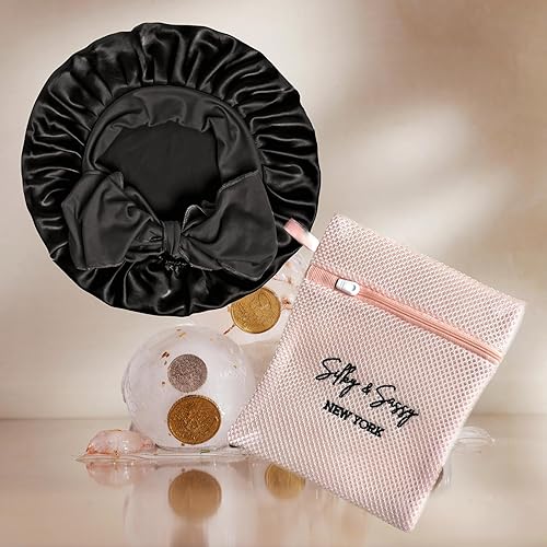Miniatura 4 de Silky & Sassy Con bolsa de lavandería, gorro de satén grande de seda para dormir, capó de seda para dormir, capó para cabello rizado, se ajusta con