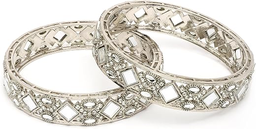 ZENEME Traditional Square Shaped Mirror & Pearl Studded Bangles Set Of 2 For Women & Girls