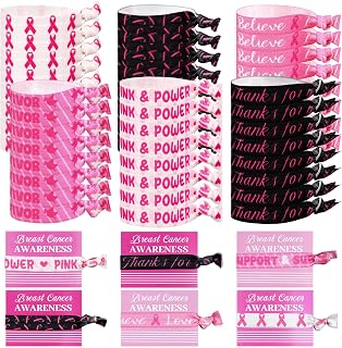 48 Sets Breast Cancer Awareness Hair Ties with Cards Elastic Knotted Headbands Bracelets Bulk Breast Cancer Awareness Pink Ribbon Theme for Women Breast Cancer Charity Events Gift