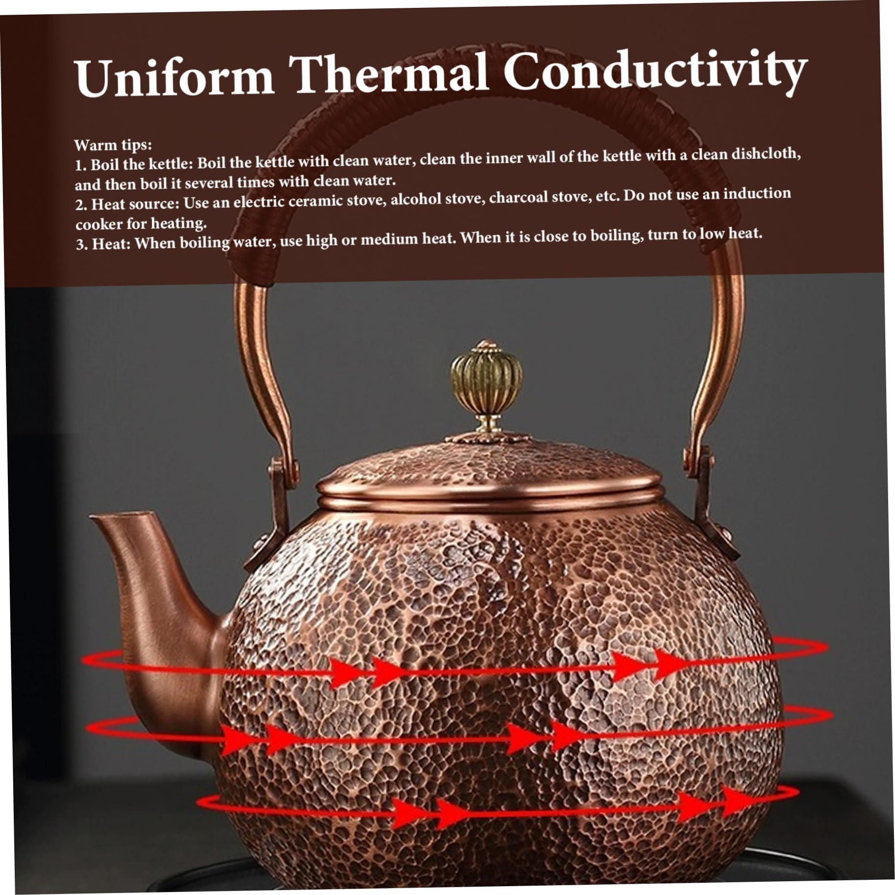 Tetera De Cobre, Tetera De Cobre Rojo De 1500 Ml con Mango Antideslizante, Tetera Martillada Vintage con Orificios para Filtro, Té para Tetera Superior De Estufa