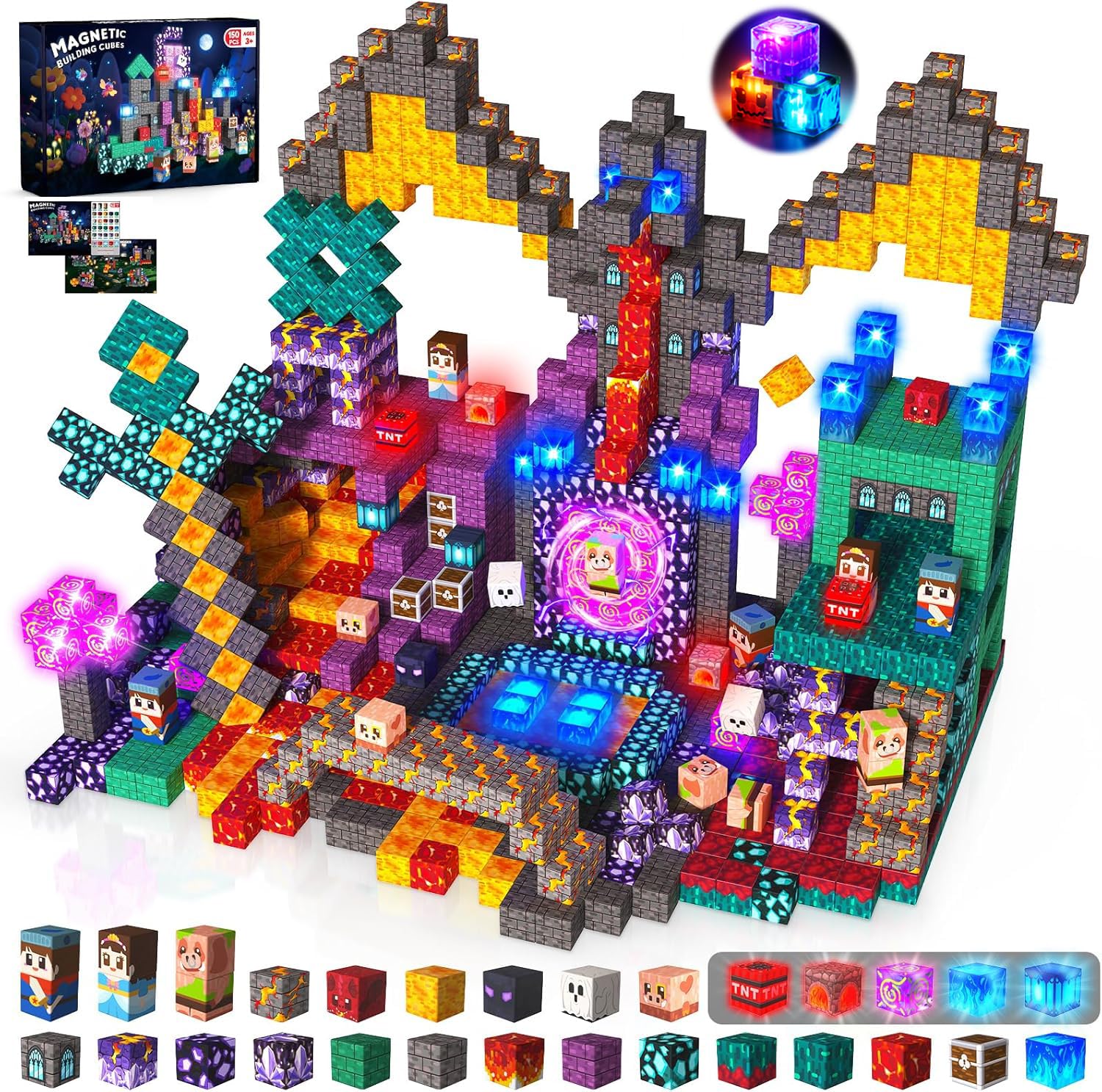 Magnetic Blocks, 150 PCS Magnetic Building Blocks Flashing Light Construction Cubes Toy