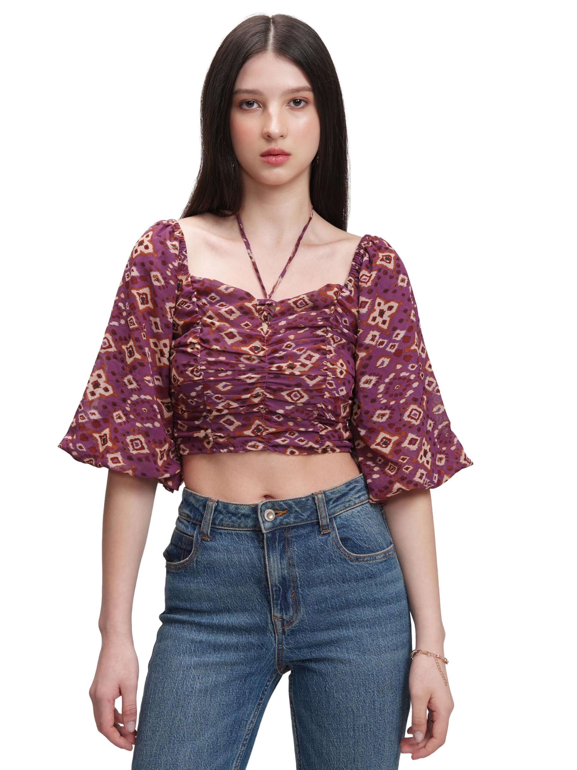 Tokyo Talkies Women's Floral Printfitted Crop Top | Short Puff Sleeves | Chic & Feminine & Square Neck | Tops for Woman | Women Tops | Women Crop Top-picture-24