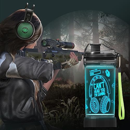 Miniatura 4 de COOLGIFT MART Botella de agua gamer, diseño de auriculares 3D iluminados, 14 onzas Tritan sin BPA, el mejor regalo para niños y niñas, vaso para