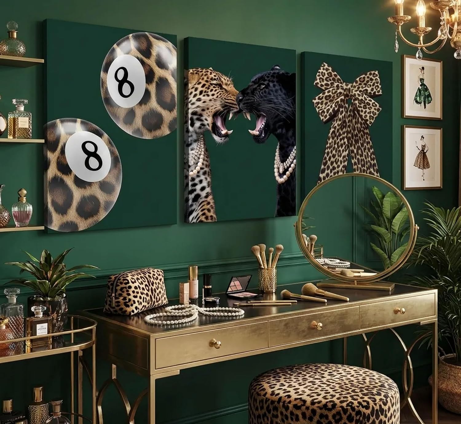 3Pcs Trendy Leopard Canvas Wall Art Funky Lucky 8 Ball Pictures Wall Decor Cheetah Bows Preppy Aesthetic Posters Prints Paintings for Bedroom Dorm Living Bathroom Decoration Prepare To Hang