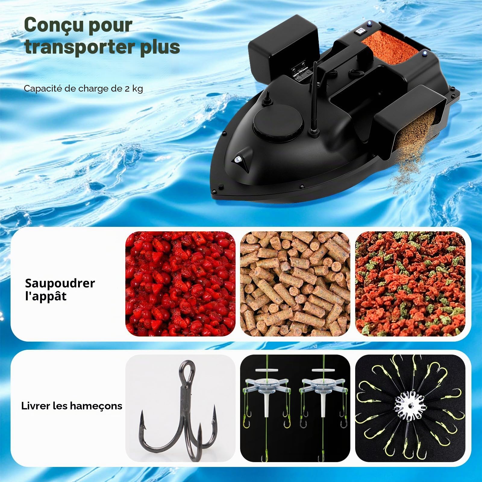 Bateau Amorceur GPS, sans Fil, Bateau Amorceur Télécommandé, Pêche L'appât, Convient pour Lancer dans Rivières, Lacs Les Eaux Peu Profondes (Noir)
