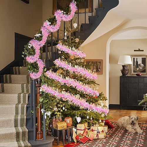 Miniatura 6 de Guirnalda de oropel rosa de Navidad de 33 pies, guirnalda metálica de oropel con purpurina, decoración para árbol de Navidad, boda, fiesta