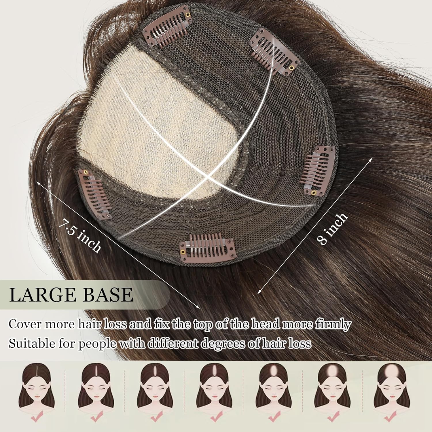 Haar-Topper für dünnes Haar Damen Echthaar 40,6 cm Haar-Topper 17,8 x 17,8 cm Kopfhautbasis Großer Abdeckung dünnes Haar