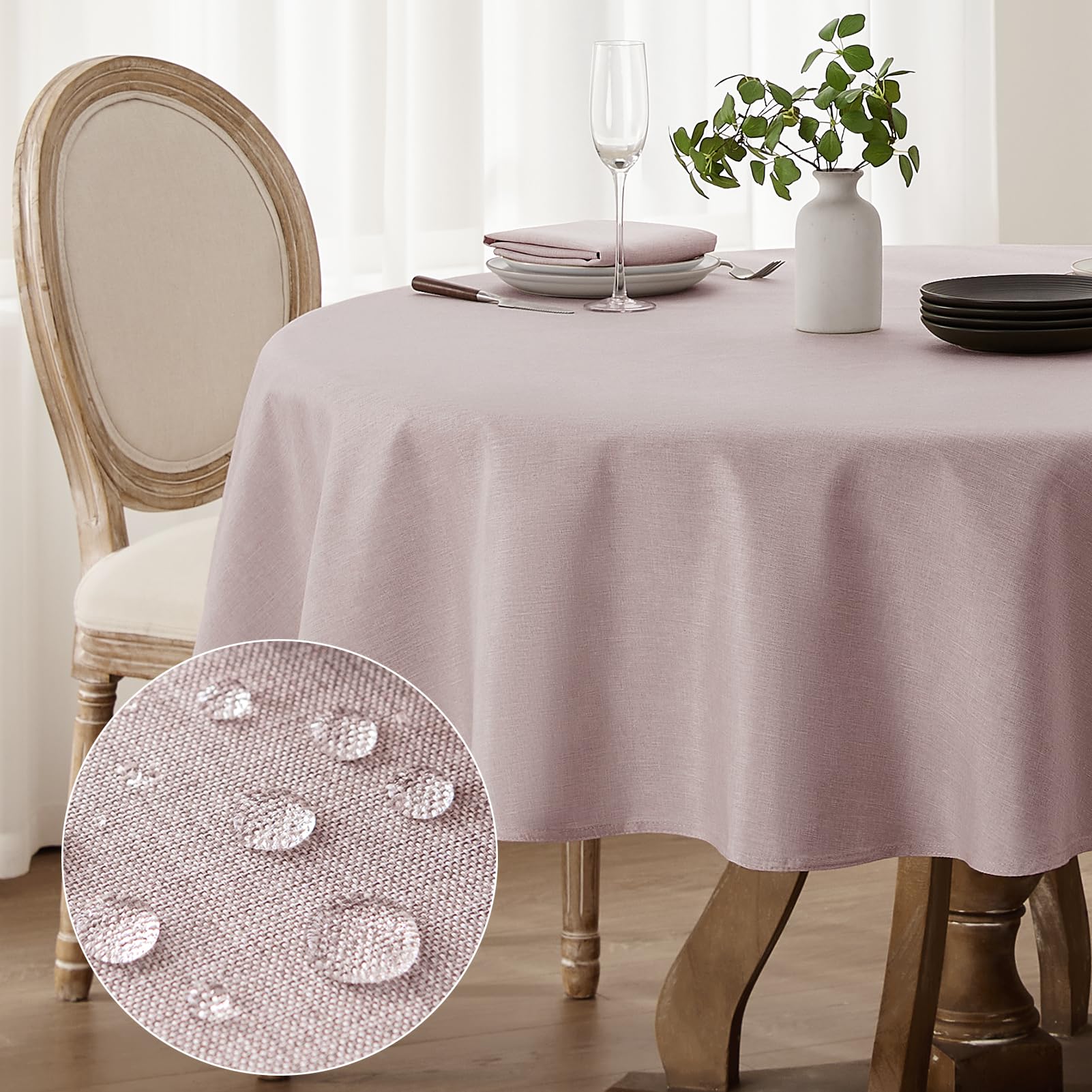 Softalker Mantel Antimanchas Redondo 160 cm de diámetro Mantel de Falso Lino Mantel Exterior Impermeable, Protege la Mesa para Comedor, Cocina, Navidad cumpleaños, Festivos, 1 Pieza, marrón Rosado