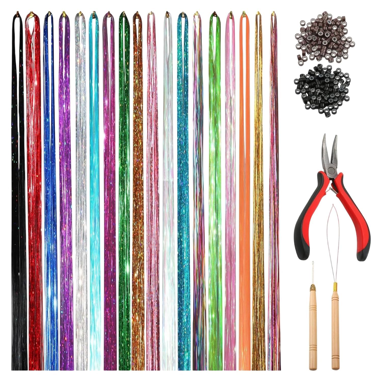 INHEAVEN 15 Colors Hair Tinsel Kit with Tool, 47 inch Strands Tinsel Hair Extensions for Women Girls, Fairy Hair Tinsel Glitter Sparkling Shiny Colorful Synthetic Hair-image-20