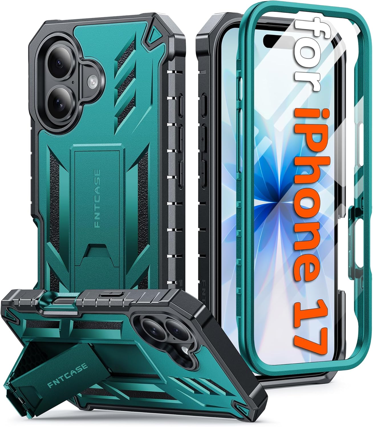 FNTCASE for iPhone 17 Phone Case: Military Grade Drop Proof Protection Mobile Cover with Kickstand | Matte Textured Rugged Shockproof TPU | Protective Sturdy Phone Case – 6.3 inch Green