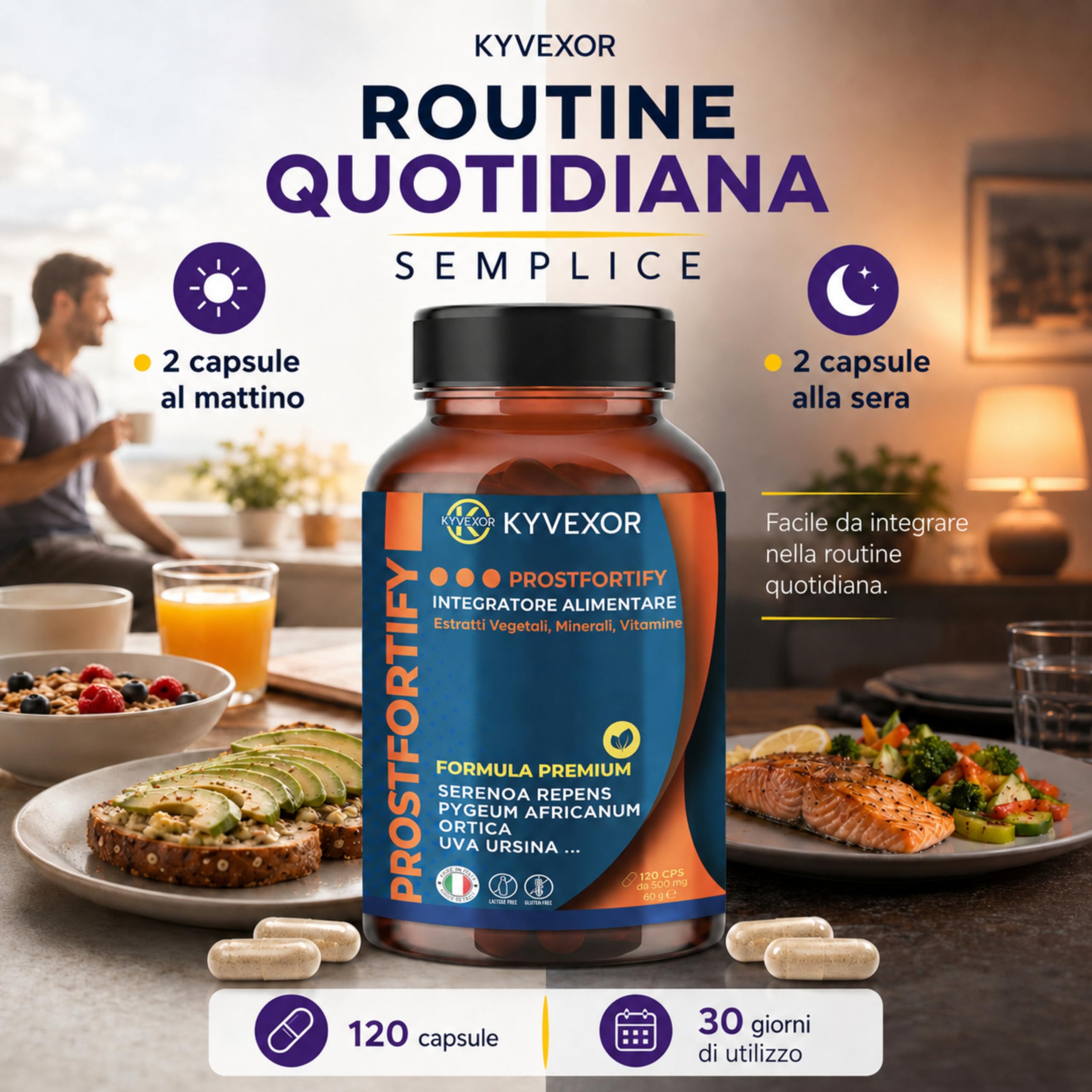 KYVEXOR ProstFortify Integratore Prostata Uomo 10 in 1 | Serenoa Repens/Saw Palmetto, Pygeum Africanum, Curcuma, Zinco, Vitamina C, D3 | Prostate Support, Benessere Prostatico e Vie Urinarie.