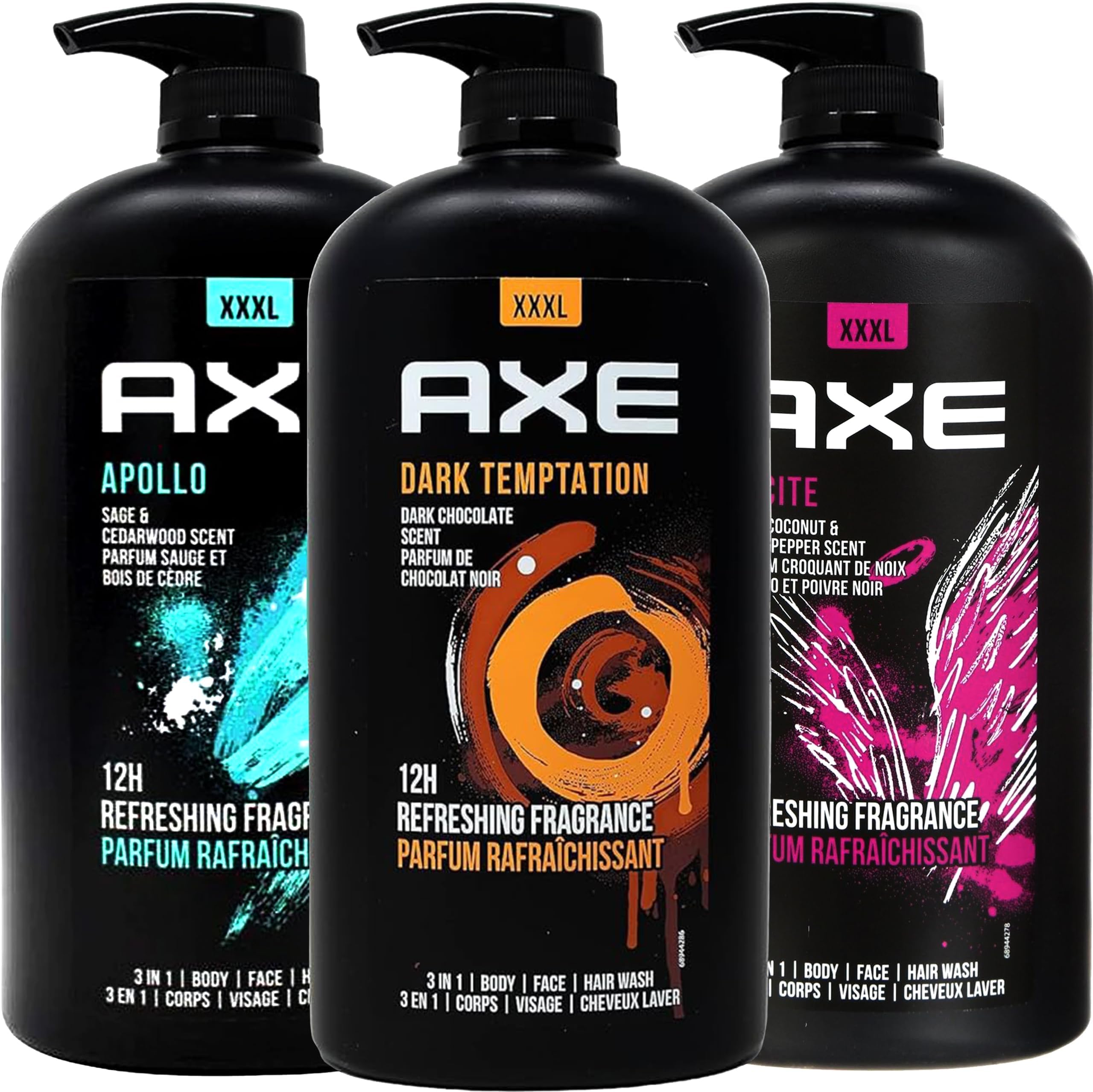 Men's Body Wash Variety Set, Set of 3 Scents, Axe Dark Temptation, Apollo and Excite Body Wash, 3in1 Body and Face Wash in Pump Bottle, 33.8 Ounce Each