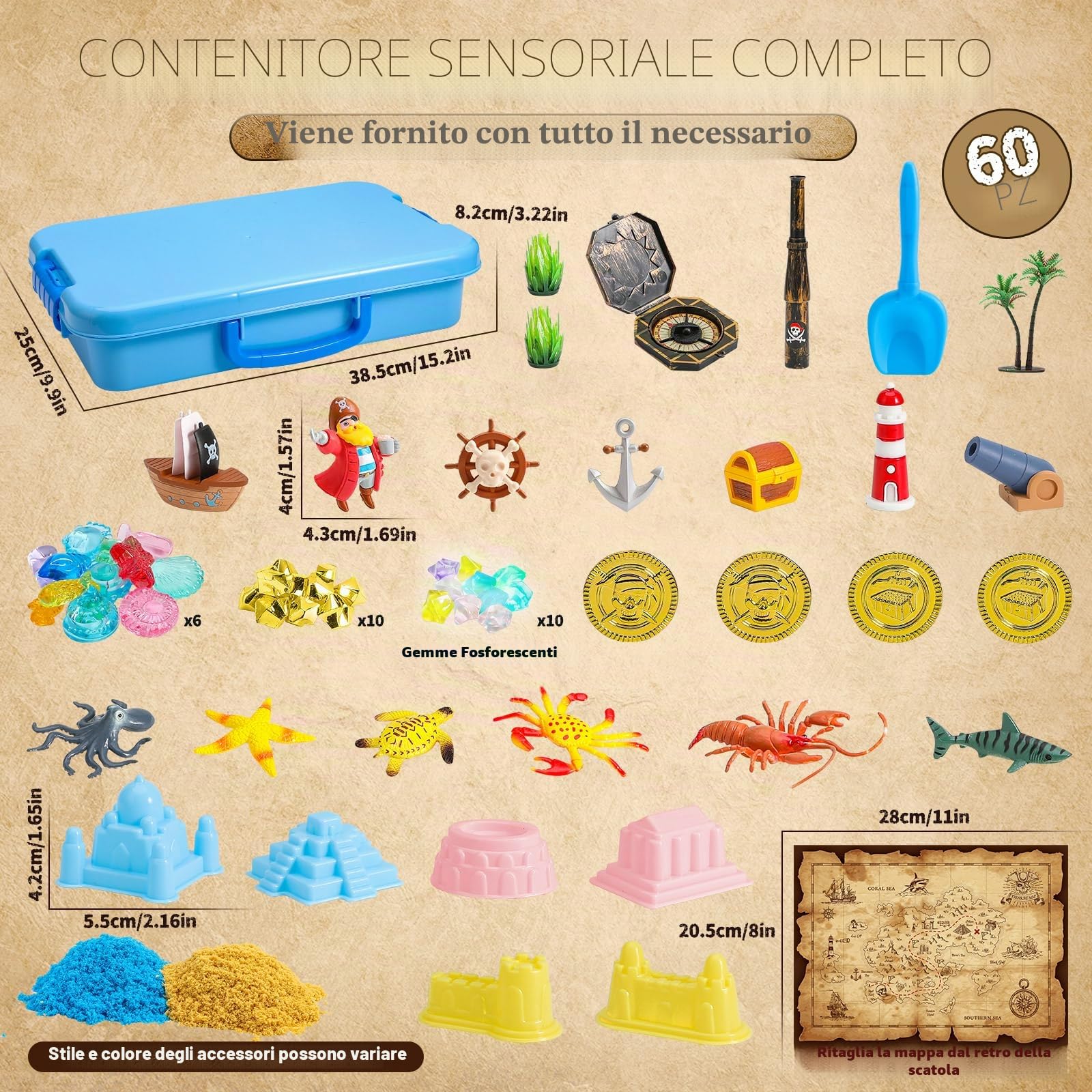 KNASON Sabbia Giocattolo per Bambini,Scrigno del Tesoro Pirata Kit di Sabbiera con 1KG Sabbia Magica,Illuminano al Buio Gemme e Mappa,Regalo di Natale e Compleanno per Bambini 3 ai 8 Anni