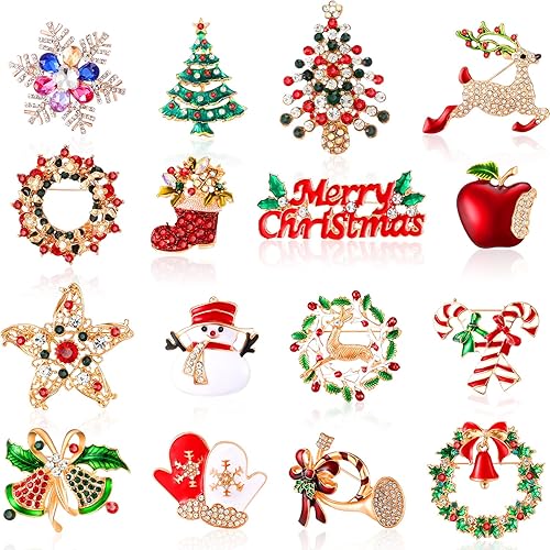 16 Pcs Christmas Brooches for Women Christmas Brooches and Pins Xmas Rhinestone Crystal Set Vintage Snowman Star Garland Reindeer Bells Tree Mixed
