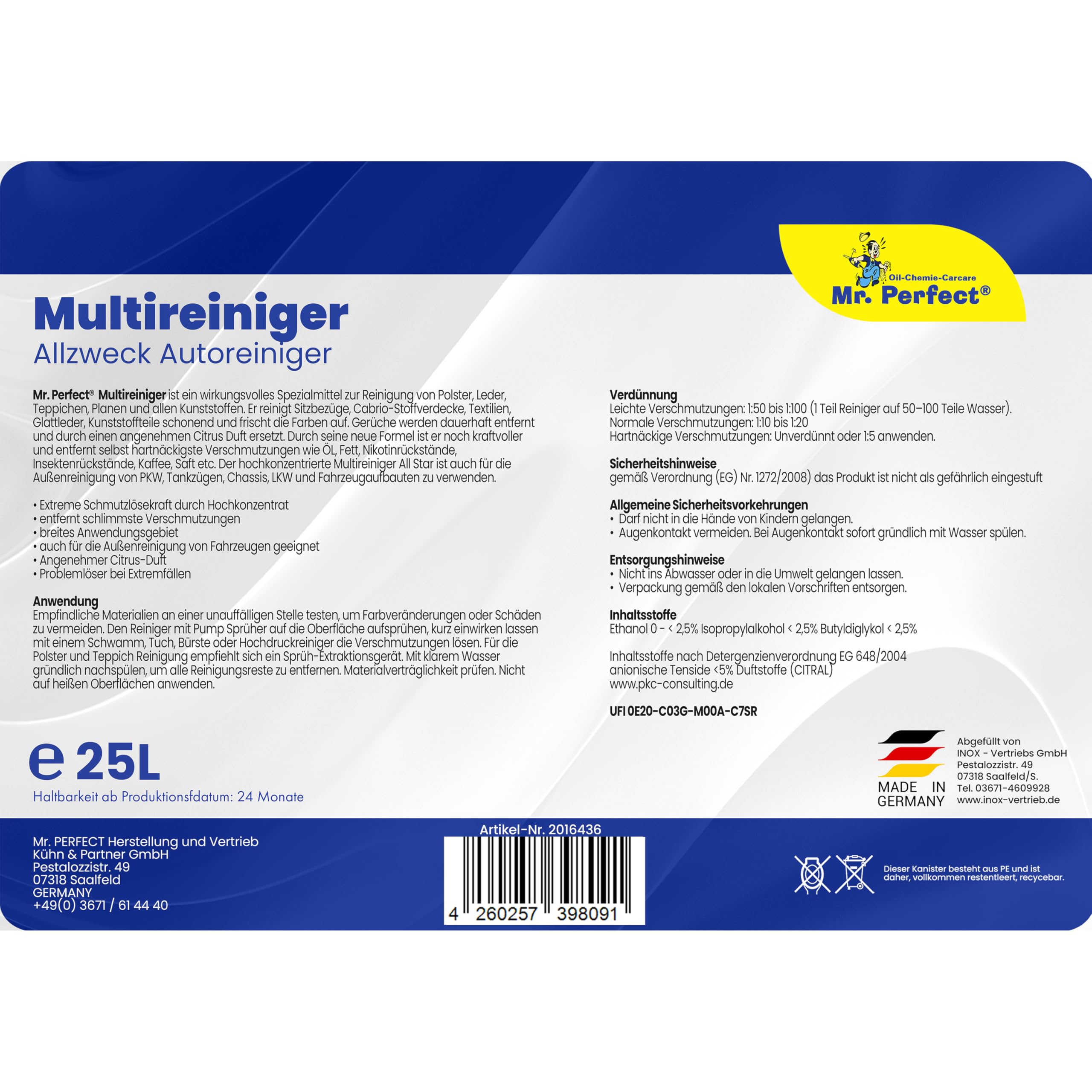 Mr.Perfect® - Profi Multi Reiniger 25L Kanister Auto Reiniger | Polsterreiniger Auto und Teppichreiniger | Kunststoffreiniger und Autoreinigung von Innen und Außen