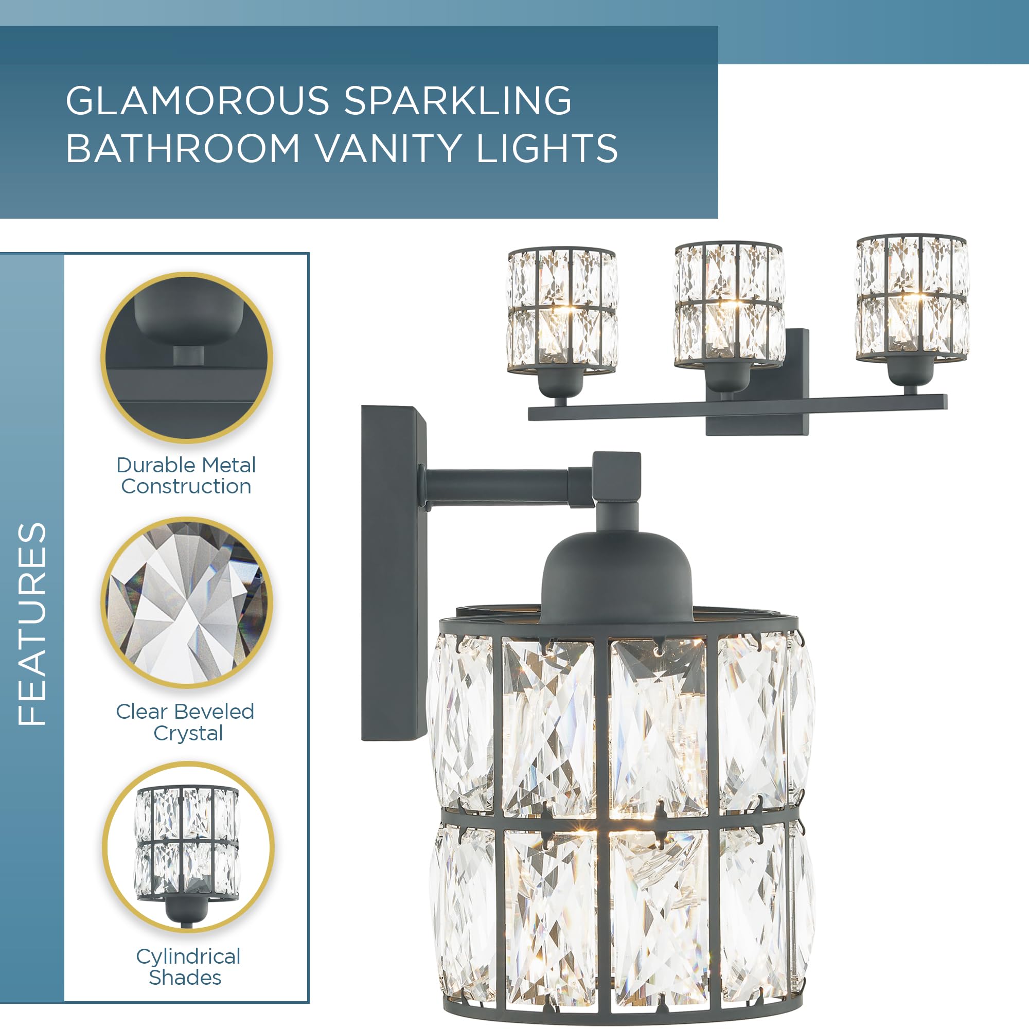 Quoizel Gibson Bath Vanity Lights, 21 Inch 3-Light Matte Black Bathroom Lighting Fixtures Over Mirror, Clear Beveled Crystal Shade, Contemporary Wall Mount Light for Bathrooms, Kitchen or Hallway