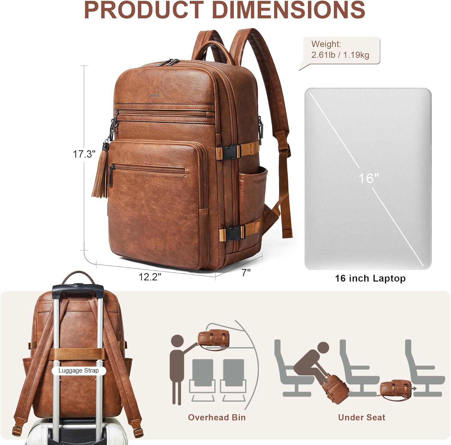 Shrrie Laptop Backpack for Women,Vegan Leather Backpack Work Computer Backpacks fits 16" Laptop,Water Resistant Teacher Nurse Casual Daypack for Weekender Camping Travel,Two-toned Brown - Image 5