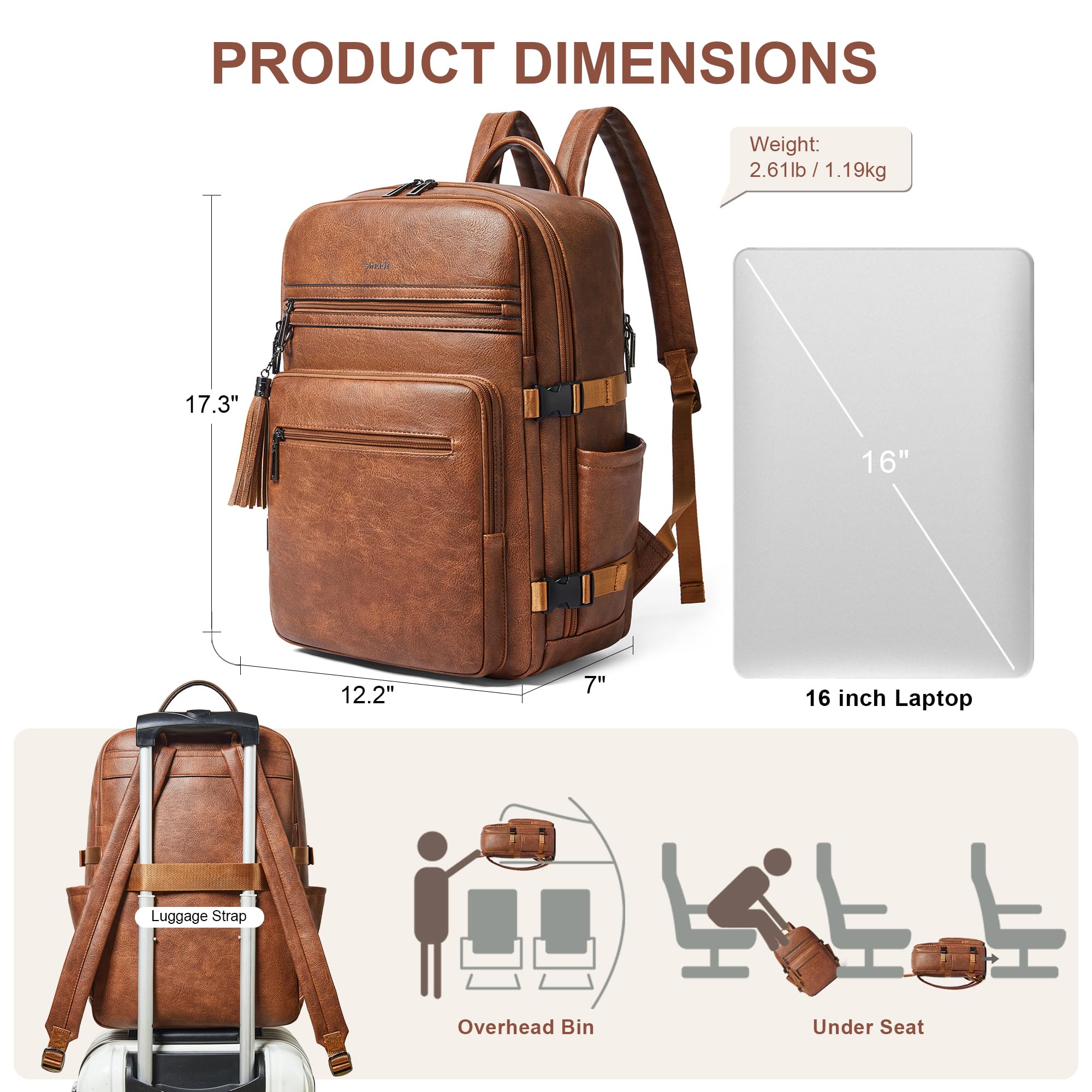 Shrrie Mochila para laptop de 16 pulgadas para mujer, mochila de trabajo de cuero, mochila casual para fin de semana, camping, viajes