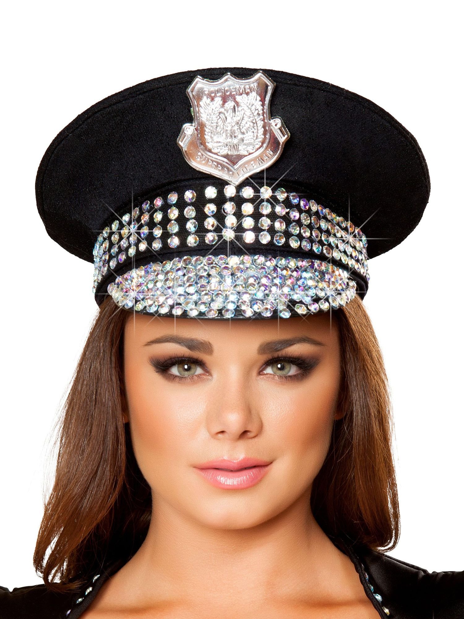 Roma Costume Studded Police Hat Costume, Black/Rhinestone, One Size
