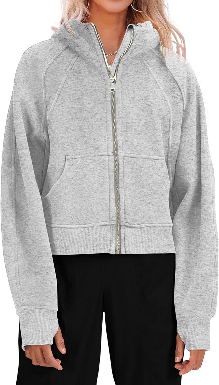 Fisoew Womens Zip Up Sweatshirts Fleece Lined Collar Crop Hoodie Casual Cotton Long Sleeve Tops with Thumb Hole