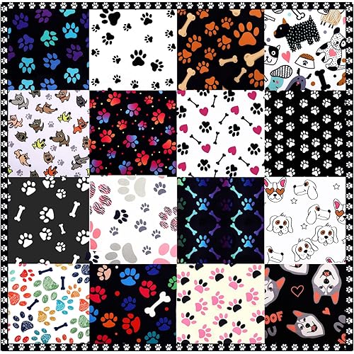 16 Pieces Dog Bone Paws Fabric Paw Print Fabric Retro Fabrics Sewing Fabric Animal Themed Pattern Decorative Fabric Animal Themed Pattern Bone Printed Fabric for DIY Crafts Supplies, 10 x 10 Inch