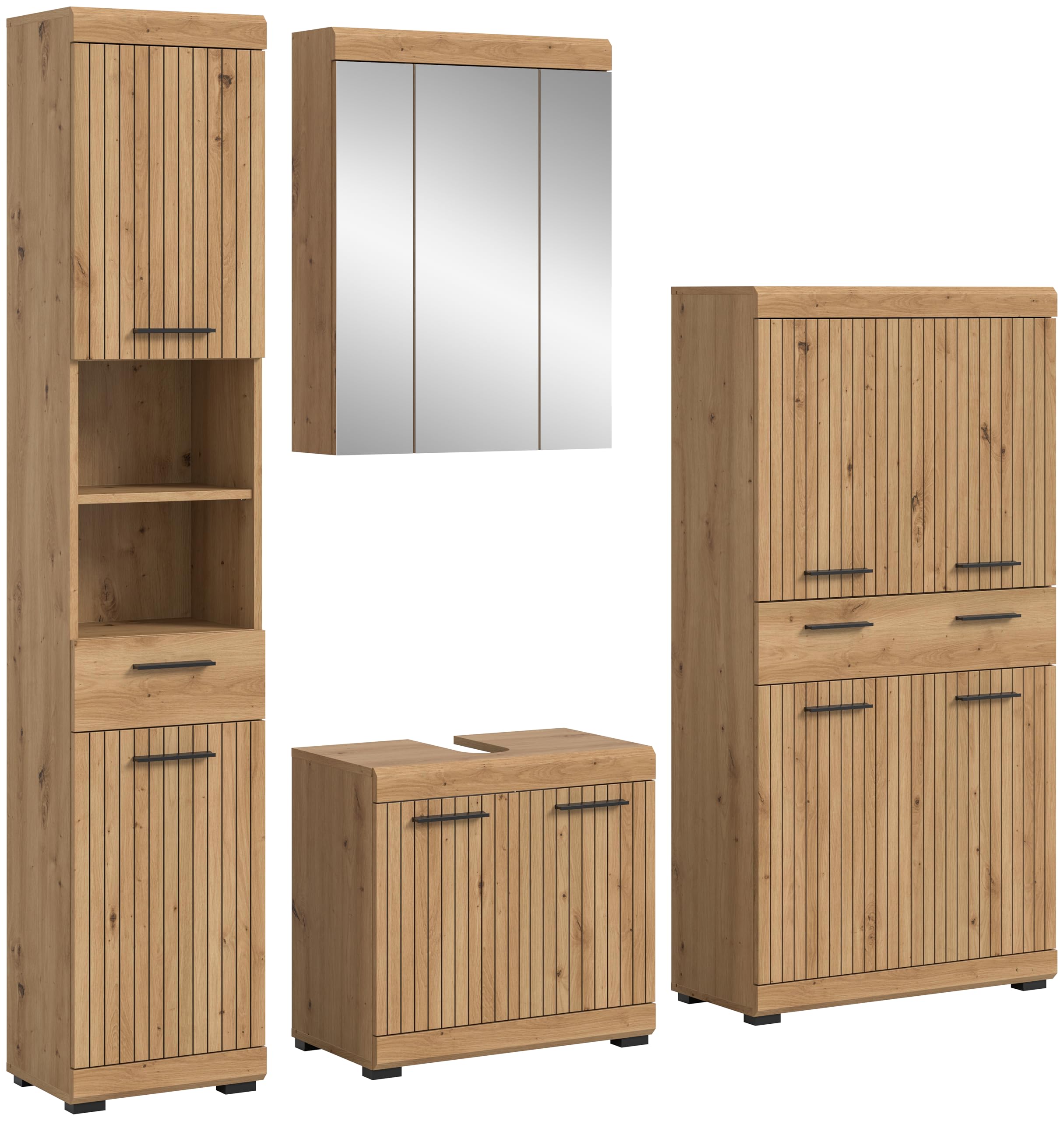 xonox.home – 4 TLG. Badkombination Scout 201x191x34 cm in Artisan & Schwarz – Set aus Hochschrank, WBU, Spiegelschrank & Midischrank – Hochwertige Badezimmermöbel für viel Stauraum in Holzoptik