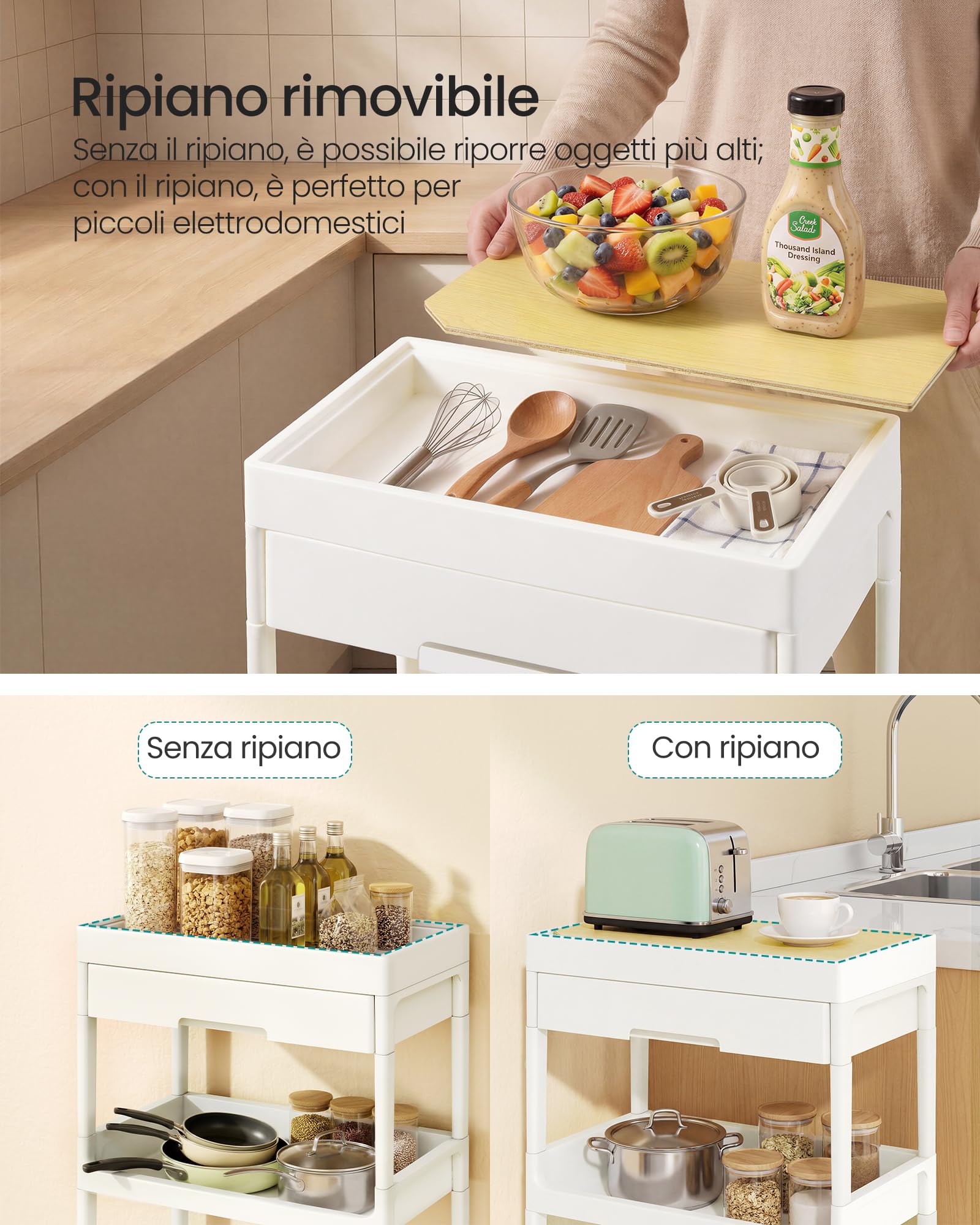 SONGMICS Carrello a 4 Ripiani, Carrello Scaffale da Cucina con Ruote, con Ripiano Rimovibile e Cassetto, in Plastica, Facile da Montare, Bianco e Rovere Dorato BSC070W101