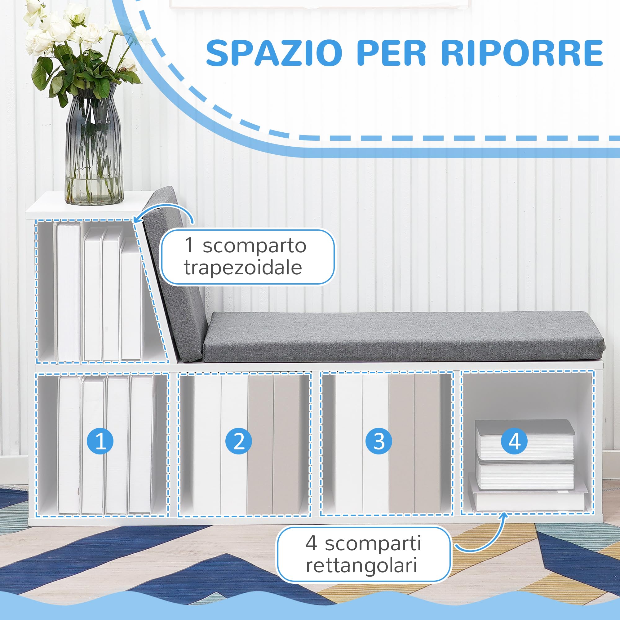 HOMCOM Libreria Scaffale con 5 Ripiani Aperti, 2 Cuscini, Grigio Bianco | Mobile Libreria Salvaspazio a Cubi, Scaffale Portaoggetti, per Soggiorno, Camera da Letto, Ufficio