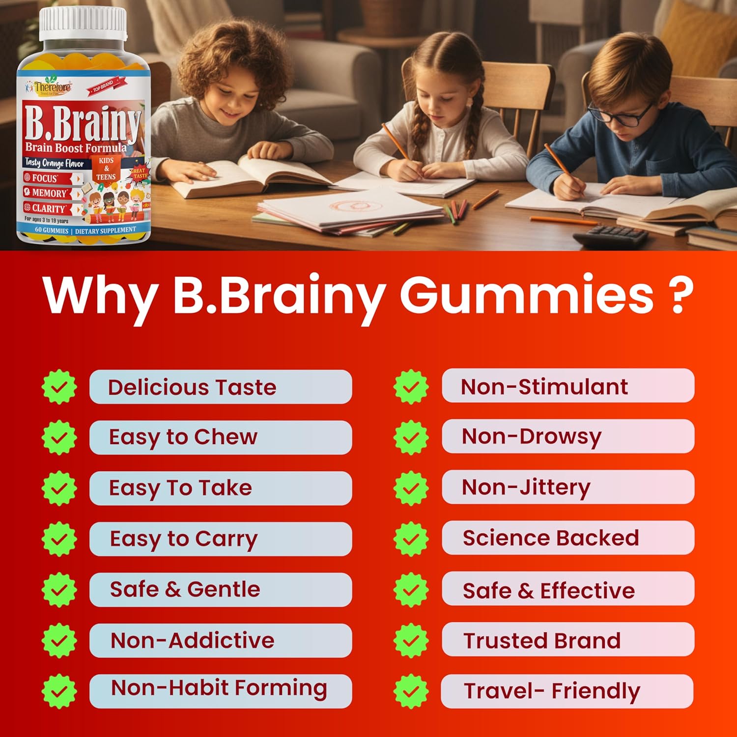 B.Brainy Focus Gummies for Kids & Teens, Kids Focus and Attention Supplements, Brain Focus Vitamins, Vegan Omega 3 EPA/DHA, Support Memory, Clarity, Concentration, Low Sugar 60 Gummies - Image 5