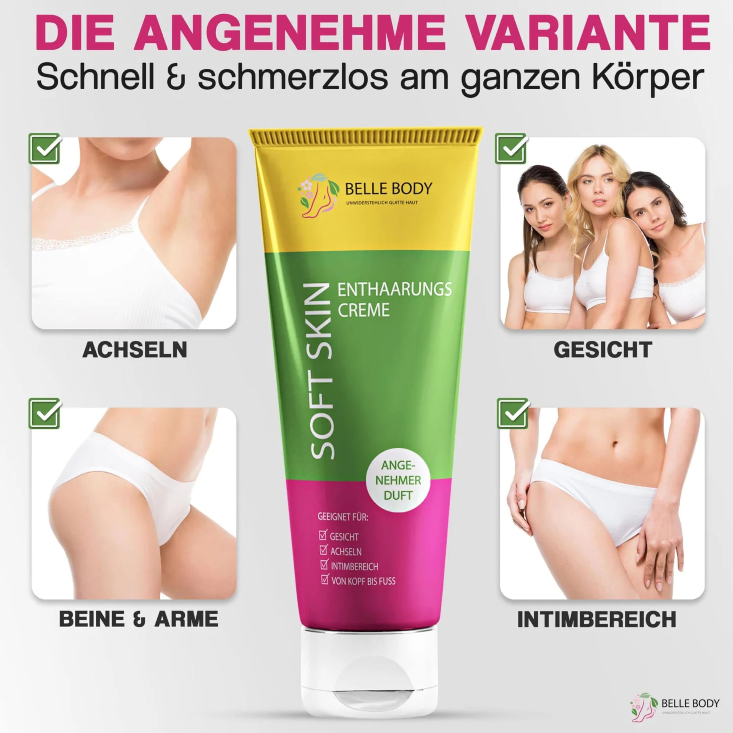 Belle Body Enthaarungscreme - Schnell, Schmerzfrei, Langanhaltend Haare weg | Enthaarungscreme für Gesicht, Achseln, Intimbereich - Sanft, ohne Rasurbrand & Pickel - Vegan - Für alle Hauttypen - 1x100ml