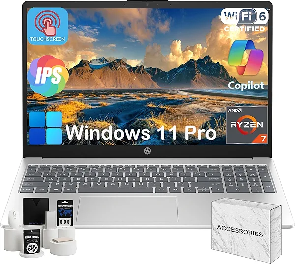 HP 15.6-inch Touchscreen Laptop Computer for Business & Student, 64GB RAM, 2TB SSD, AMD Ryzen 7 7730U, FHD Touch Anti Glare Display, Numeric Keyboard, Copilot, WiFi 6, Camera, Win 11 Pro, Accessories