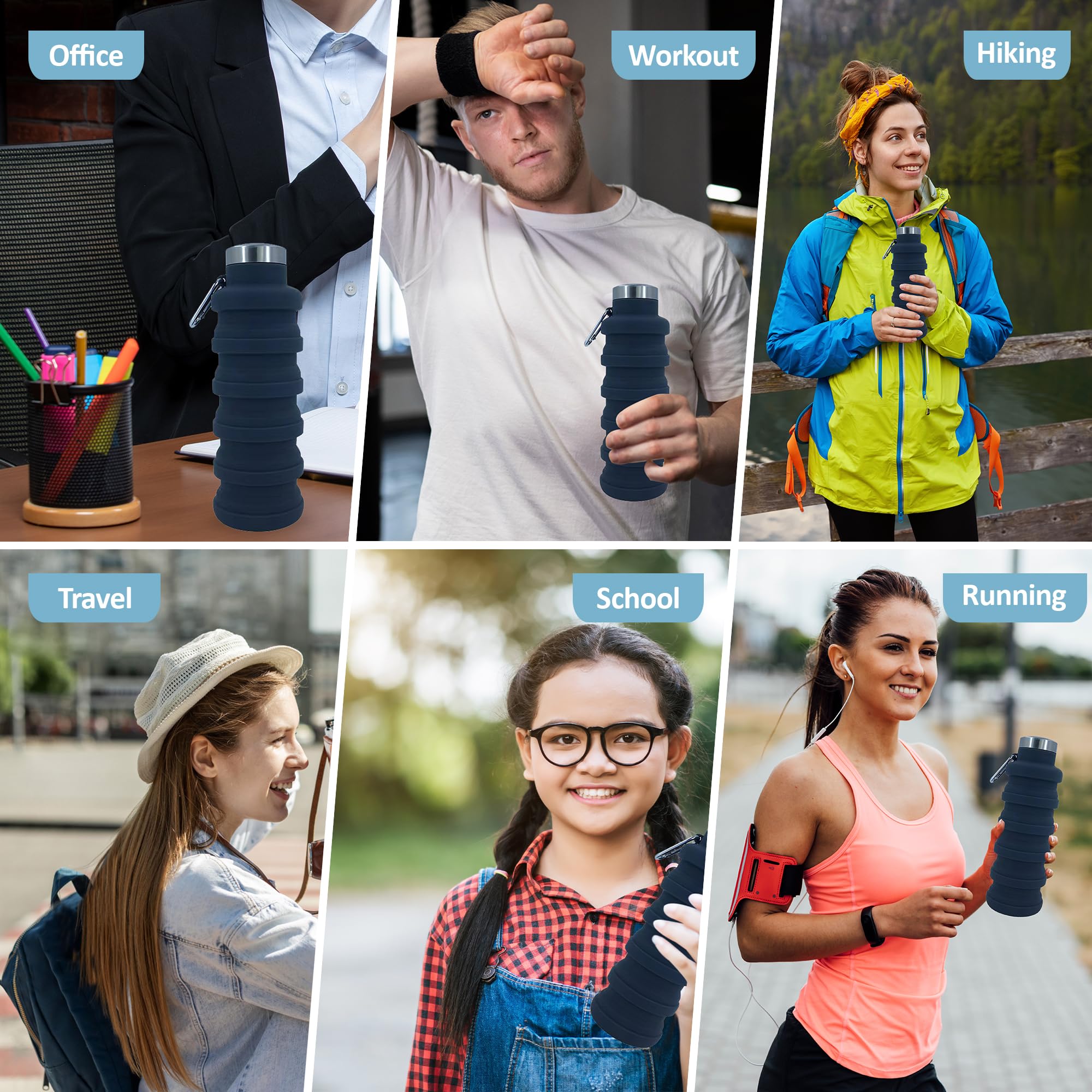 Faltbare Wasserflasche, BPA-freies Silikon und auslaufsicher, lebensmittelechtes geruchloses Silikon, perfekt für Reisen, Fitness, Fitnessstudio, Sport, Wandern, Camping und