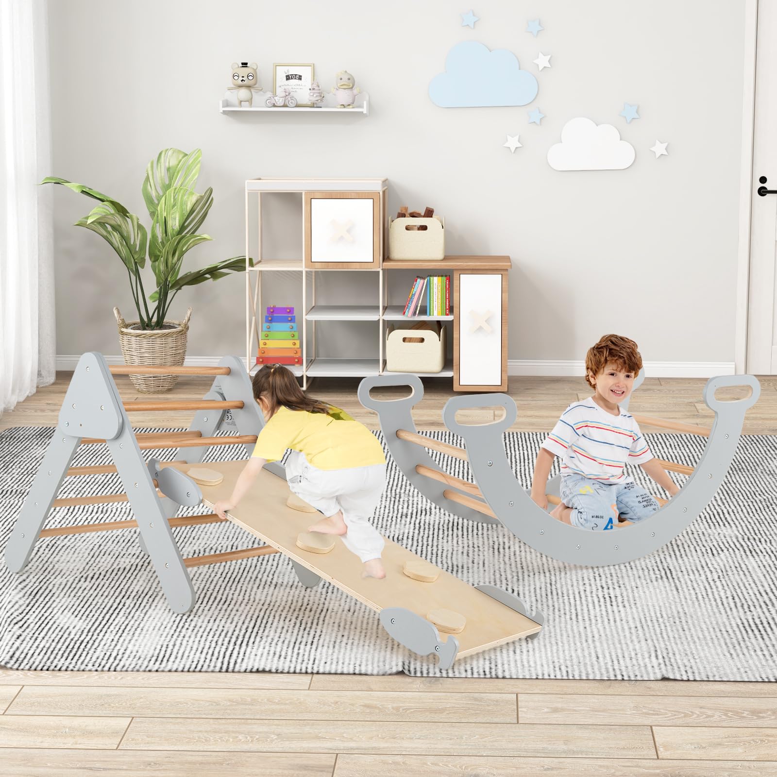 HOMASIS 3 in 1 Triangolo di Arrampicata Multiuso per Bambini, Giocattoli con Scivolo Rampa Arco, Set di Arrampicata per Asilo Nido, Parco Educativo per Bambini di 1+ Anno (Grigio)