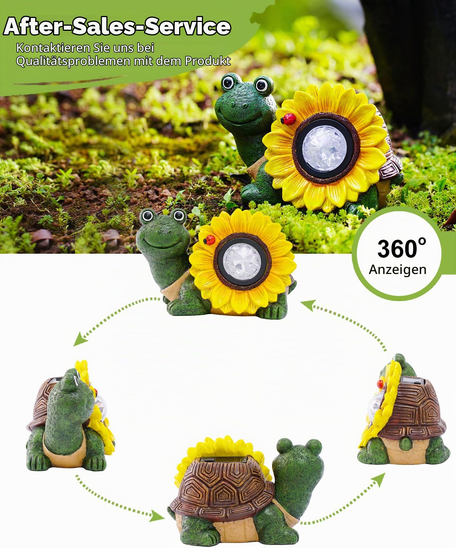 Yeomoo Solar Schildkröte Deko Figur mit Sonnenblume & Käfer Gartendeko Grün