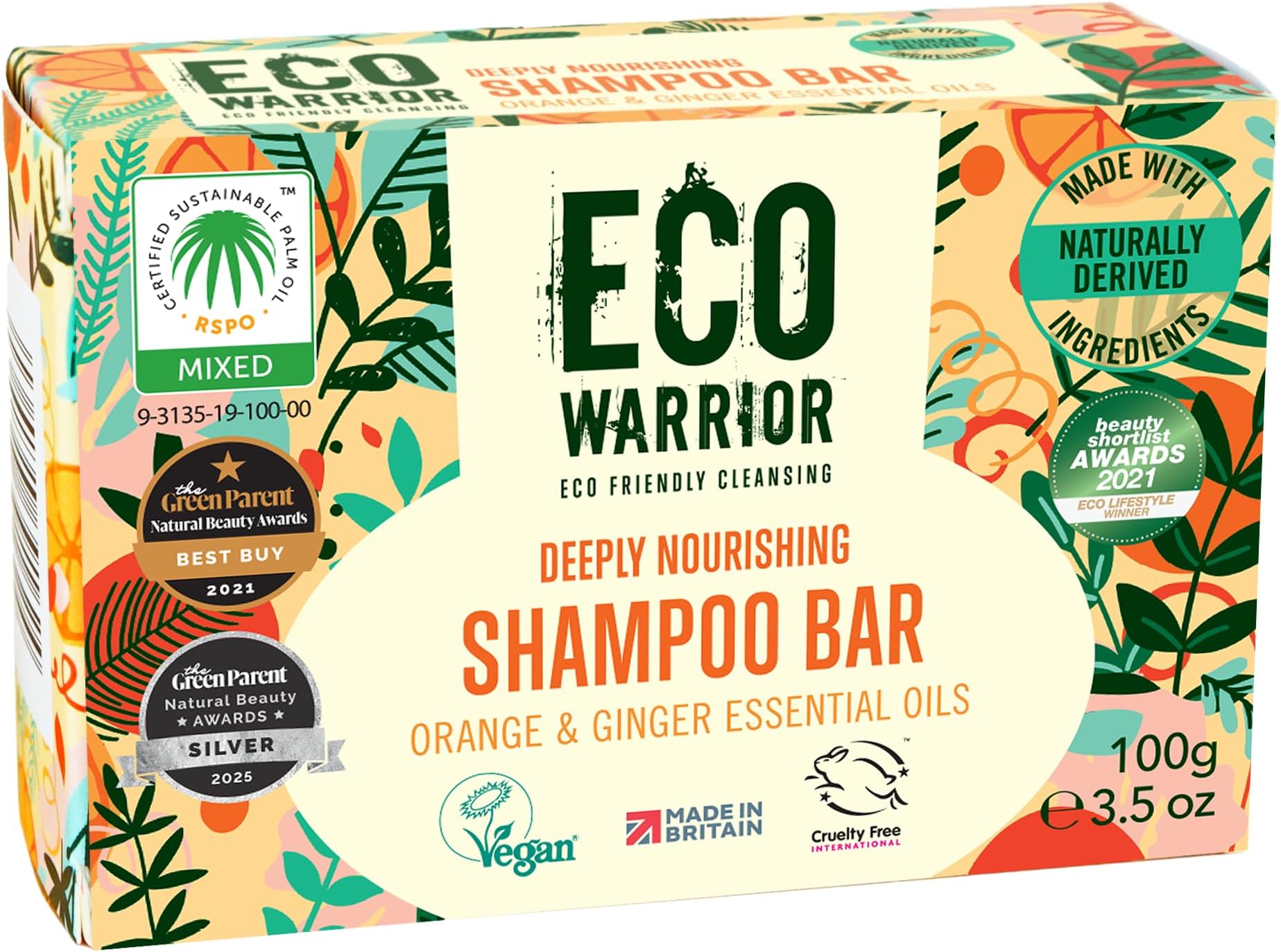 Eco Warrior Deeply Nourishing Shampoo Bar | Vegan, Cruelty Free, Natural, No SLS or Parabens | Eco Friendly Cleansing | Hydrating Pink Clay, Pure Orange & Ginger Essential Oil for Healthy Hair | 100g