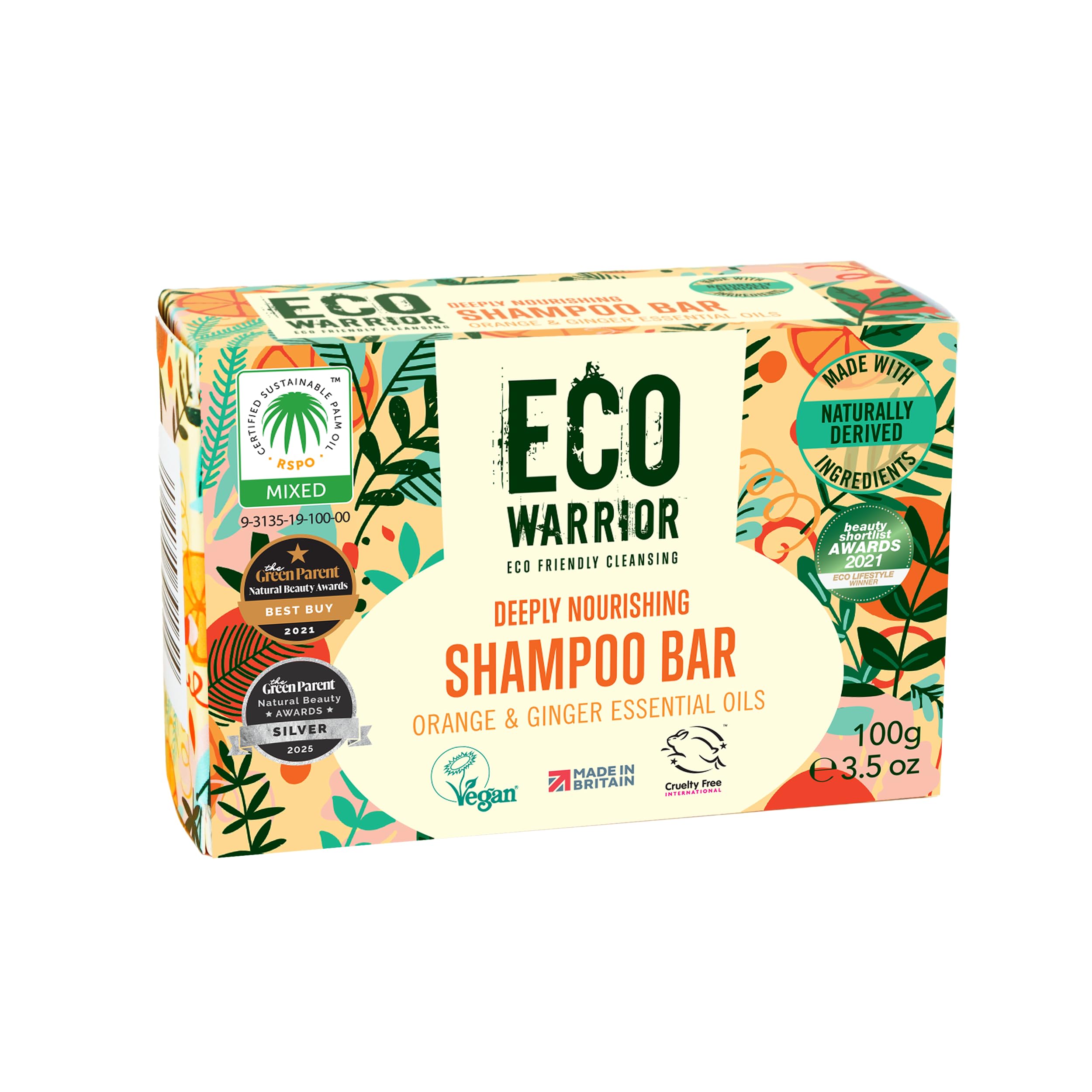 Eco Warrior Deeply Nourishing Shampoo Bar | Vegan, Cruelty Free, Natural, No SLS or Parabens | Eco Friendly Cleansing | Hydrating Pink Clay, Pure Orange & Ginger Essential Oil for Healthy Hair | 100g