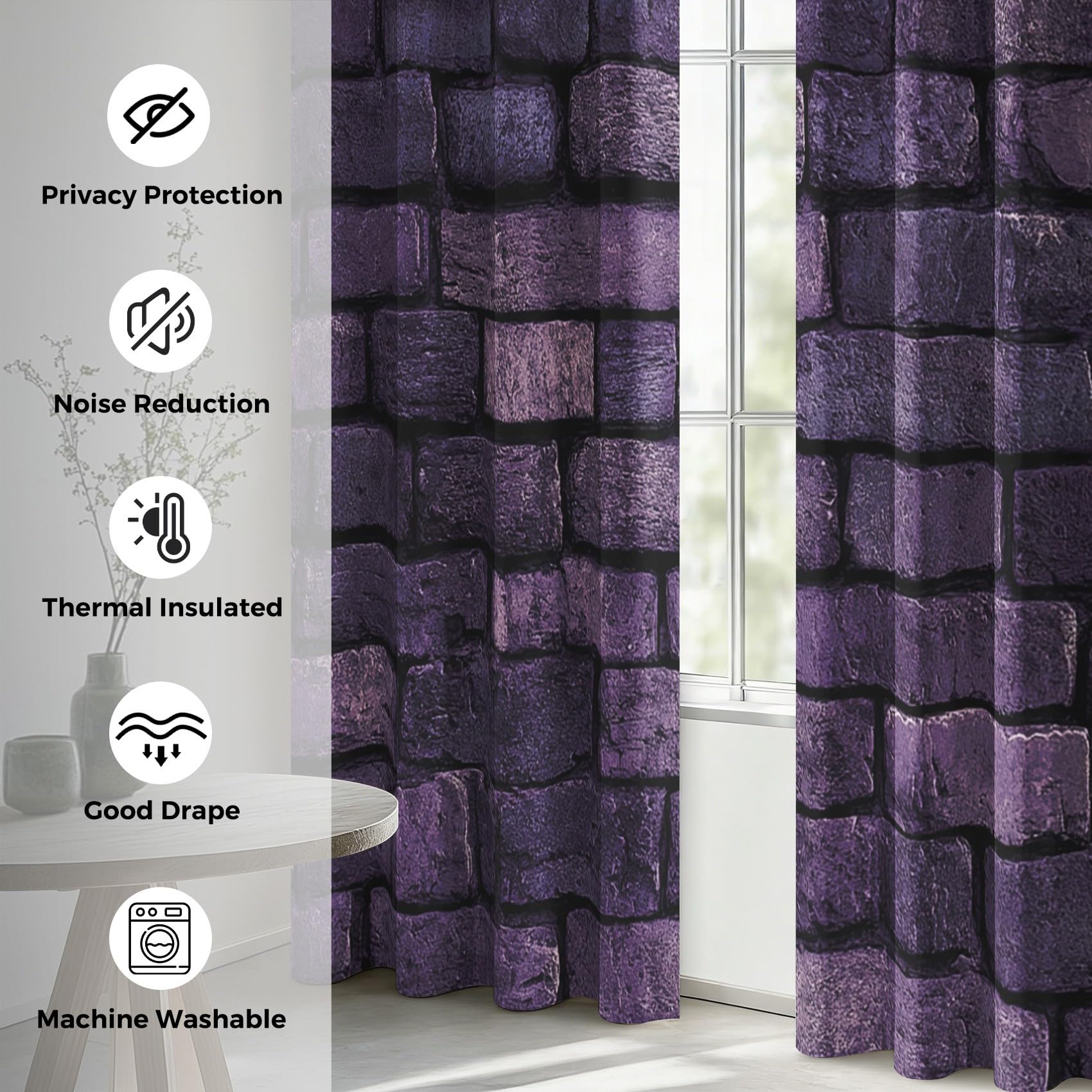 Generisch 3D Lila Ziegel Vorhang Blickdicht, 95% Blickdichte Vorhänge Steinmauer Landhausstil, Verdunkelungsvorhang 245x140 2er Set, Schlafzimmer Wohnzimmer Gardinen mit Ösen Q-D27