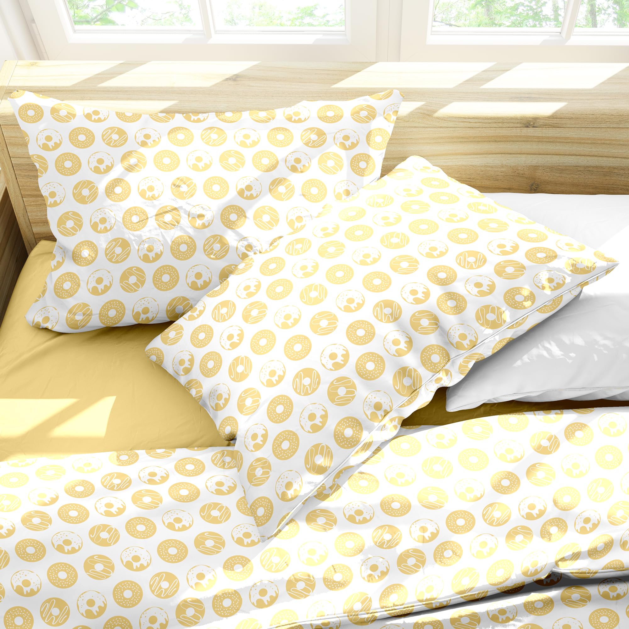 Ruggeri - Set Lenzuola Letto Matrimoniali 4 Pezzi in 100% Cotone di Alta Qualità, Lenzuolo con Angoli 170x200 cm, Lenzuolo Piatto 240x280 cm e 2 Federe 50x80 cm (Ciambelle Gialle, Matrimoniale)