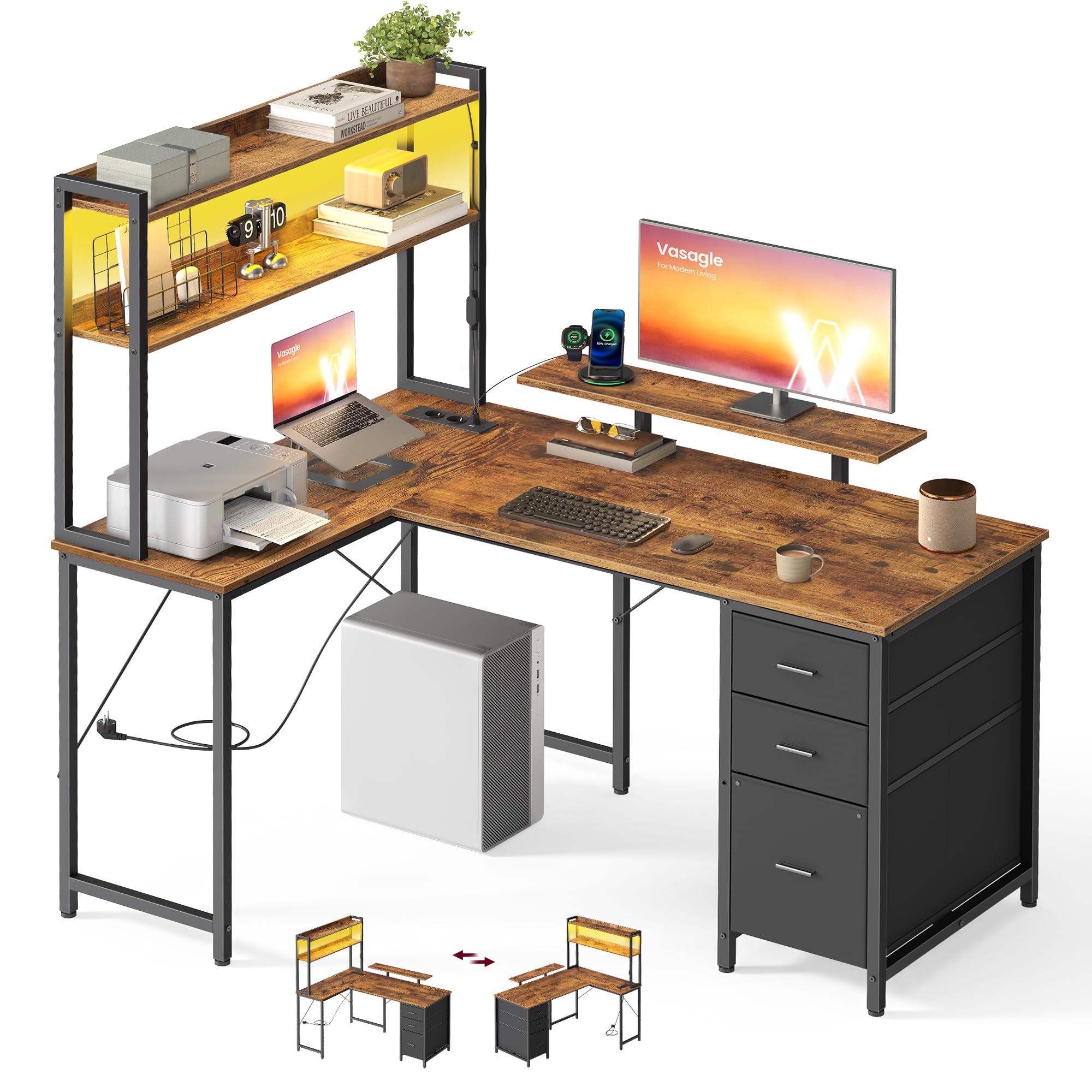 VASAGLE Scrivania Angolare, Scrivania da Gaming con Prese e Porte USB, Luci LED, 3 Cassetti, Supporto per Monitor, 140 x 100 x 150 cm, Marrone Vintage e Nero Opaco, Collezione BARNET LWD162K101