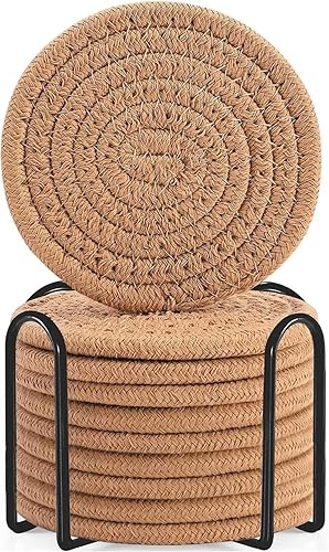 Miniatura 24 de ABenkle Juego de posavasos con soporte de 10 unidades, posavasos absorbentes tejidos de algodón para bebidas, juego de posavasos minimalista