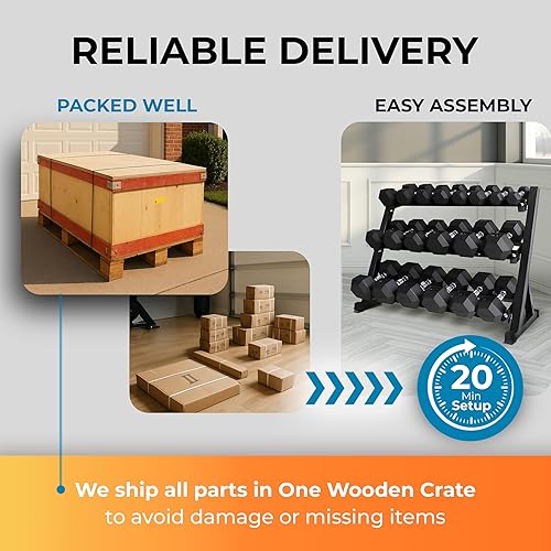 Miniatura 6 de Juego de mancuernas hexagonales de goma con estante, juego de mancuernas profesionales para gimnasio en casa y entrenamiento de fuerza