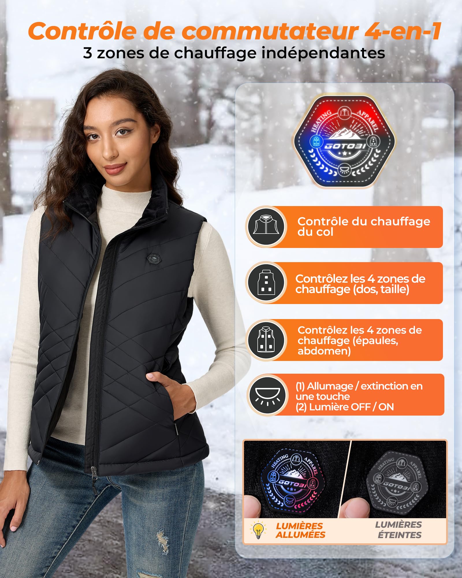 Gilet Chauffant Femme avec Batterie Incluse 16000mAh 7,4V,9 Zones de Chauffage Veste Femme,4 en 1 Interrupteur Intelligent avec Design d'extinction des Lumières,Veste Chauffante pour Plein Air