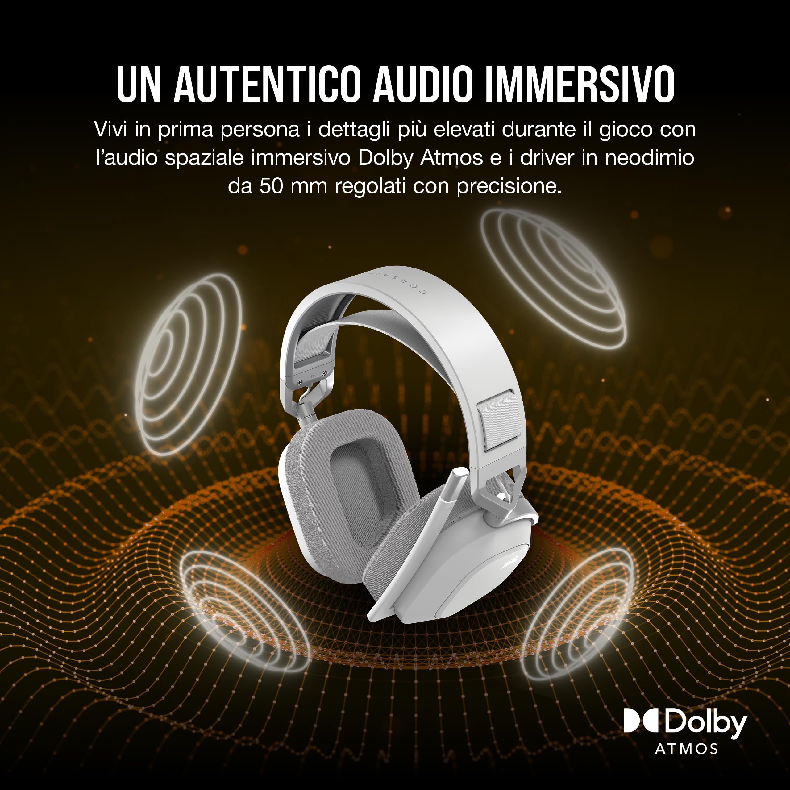 CORSAIR HS80 MAX Cuffie da Gioco Multipiattaforma Senza Fili con Bluetooth - Dolby Atmos - Microfono omnidirezionale - Compatibile iCUE - PC, Mac, PS5, PS4, Nintendo Switch, Mobile - Bianco