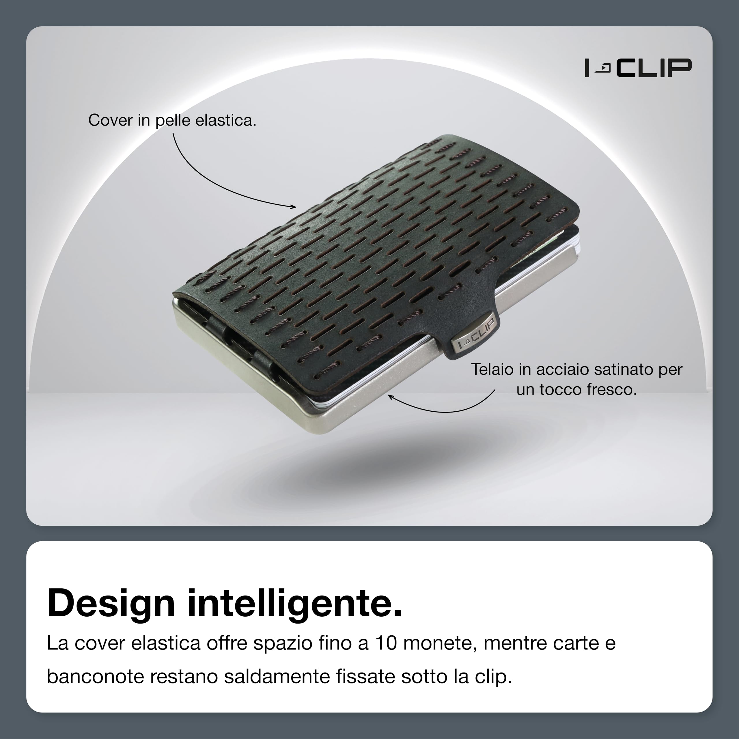 I-CLIP Steel Portafoglio Uomo Slim con Portamonete Banconote, Mini Wallet fino a 10 Carte, Pelle Nero, Telaio Acciaio Satinato