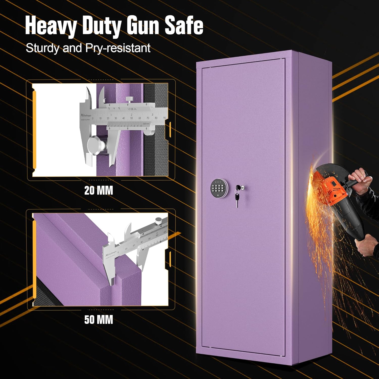 Diagram showing the dimensions of the gun safe and included accessories